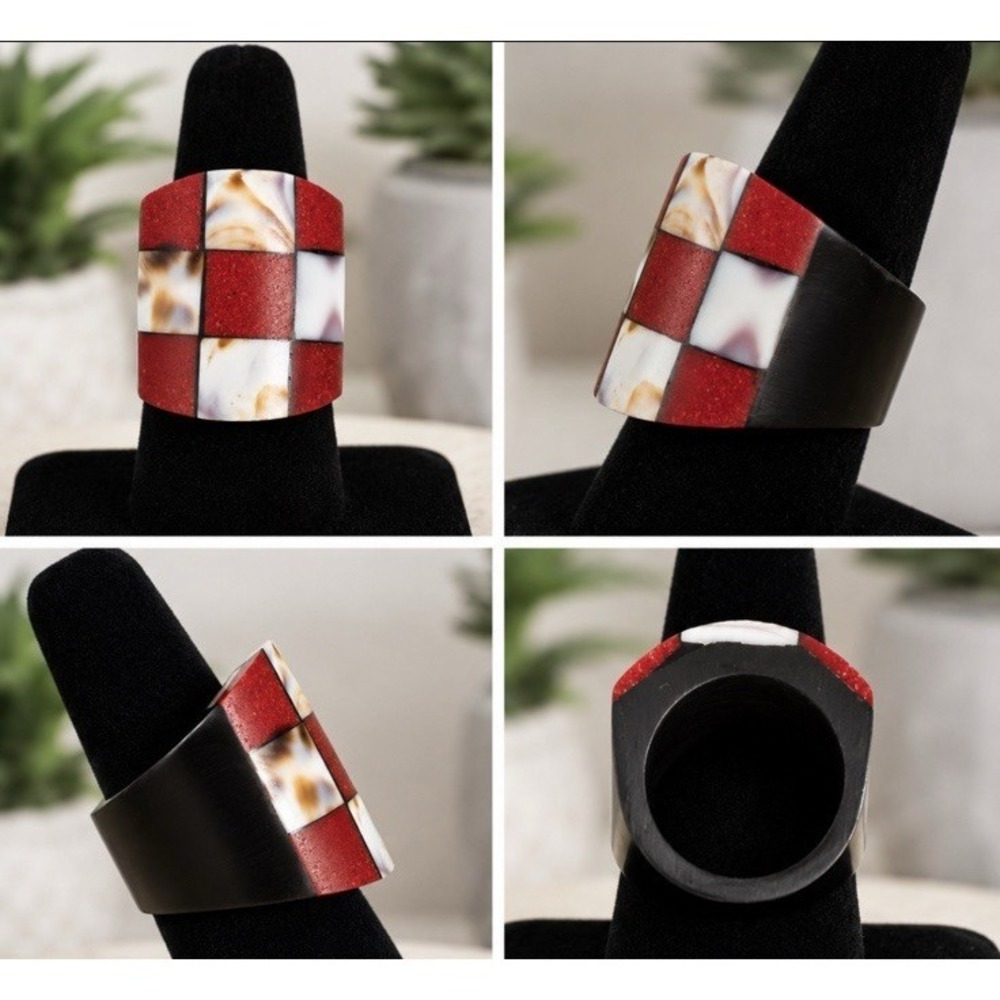 Horn Artisan Mosaic Statement L 8.5 Ring Red White Blk Inlay Geometric Cocktail - Picture 2 of 12